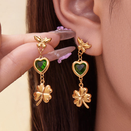 3D Butterfly & Clover Dangle Earrings with Heart Cubic Zirconia | Fashion Drop Earrings Set