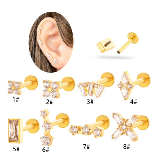 G23/F136 Titanium Internally Threaded CZ Flat-Back Cartilage Stud Earrings – Hypoallergenic Piercing Jewelry for Helix, Tragus, Conch & Lobe