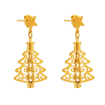 Stainless Steel Hollow Life Tree Drop Earrings – Gold Elegant Statement Dangle Earrings for Women