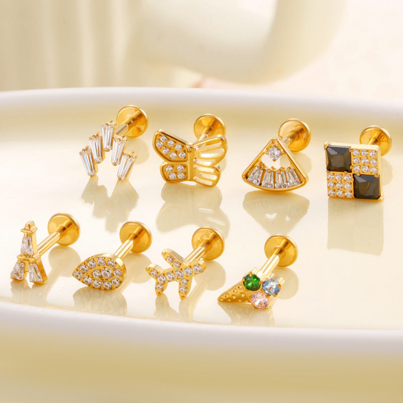 F136 Titanium Zircon Labret Studs | Internally Threaded Cartilage Piercing Jewelry in Gold & Silver