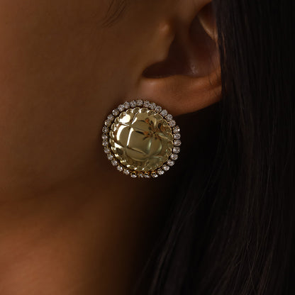 Stainless Steel Crystal Geometric Round Earrings – Textured Luxury Statement Hoop Earrings for Women