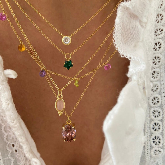 18K Gold Plated Stainless Steel Oval & Round Crystal Pendant Necklace | Colorful Zircon & Rose Quartz Jewelry for Women