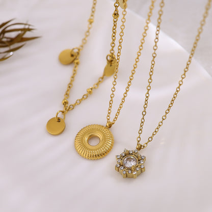 18K Gold Plated Stainless Steel Crystal Flower, Circle & Disc Pendant Necklaces – Elegant High-End Jewelry Collection