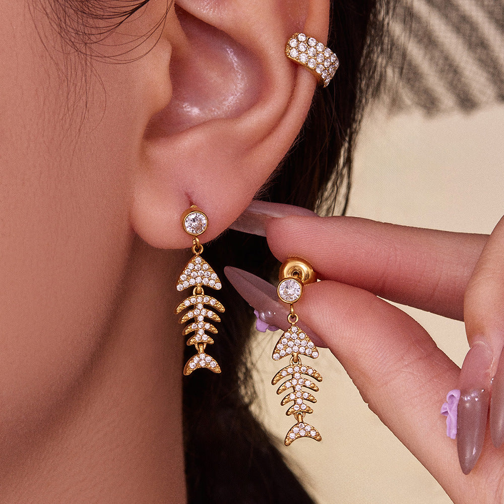 Stainless Steel Fishbone Drop Earrings & Ear Cuff Set – Modern Minimalist Statement Jewelry | WANTI