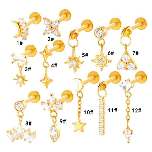 F136 Titanium Internally-Threaded Zirconia Pendant Stud — Star & Hexagram Flat-Back Cartilage Jewelry