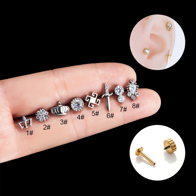 G23/F136 Titanium Crown Internal-Thread Labret & Cartilage Stud — 8 Designs | Gold & Silver