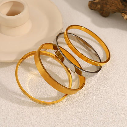 Geometric Polished Surface Couple Open Clasp Bangle – 18K Gold-Plated Titanium Steel Jewelry