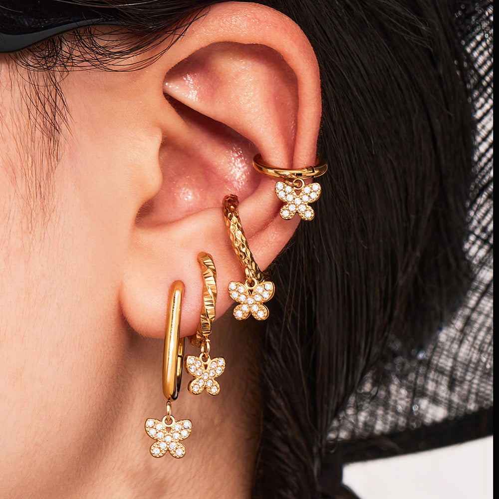 Butterfly Zircon Stackable Earrings Set – Stainless Steel Layered Hoop & Stud Combination | WANTI Jewelry