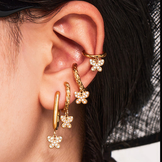 Butterfly Zircon Stackable Earrings Set – Stainless Steel Layered Hoop & Stud Combination | WANTI Jewelry