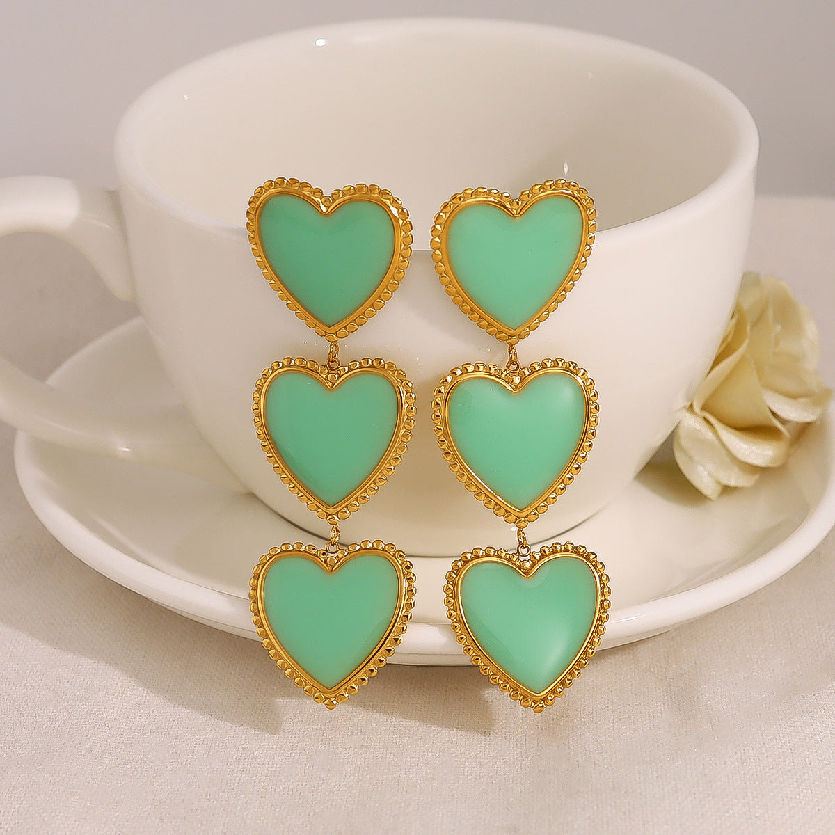 Retro Green Enamel Heart Tassel Drop Earrings – Long Stainless Steel Statement Earrings | WANTI Jewelry