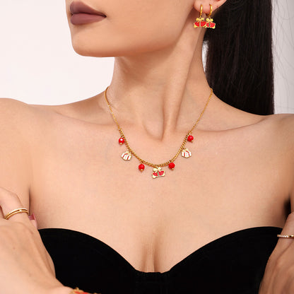 Gold Plated Stainless Steel Double-Layer Bell & Apple Gift Necklace & Bracelet – Garnet Drop