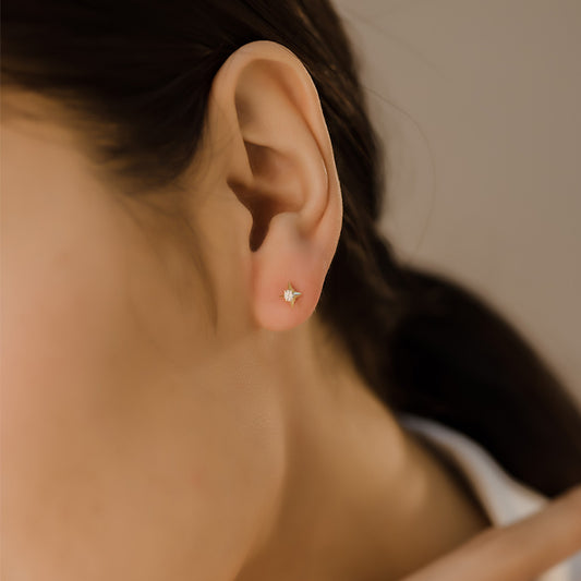 14K Solid Gold Star Piercing Earrings – Four-Pointed Studs for Cartilage & Lobe