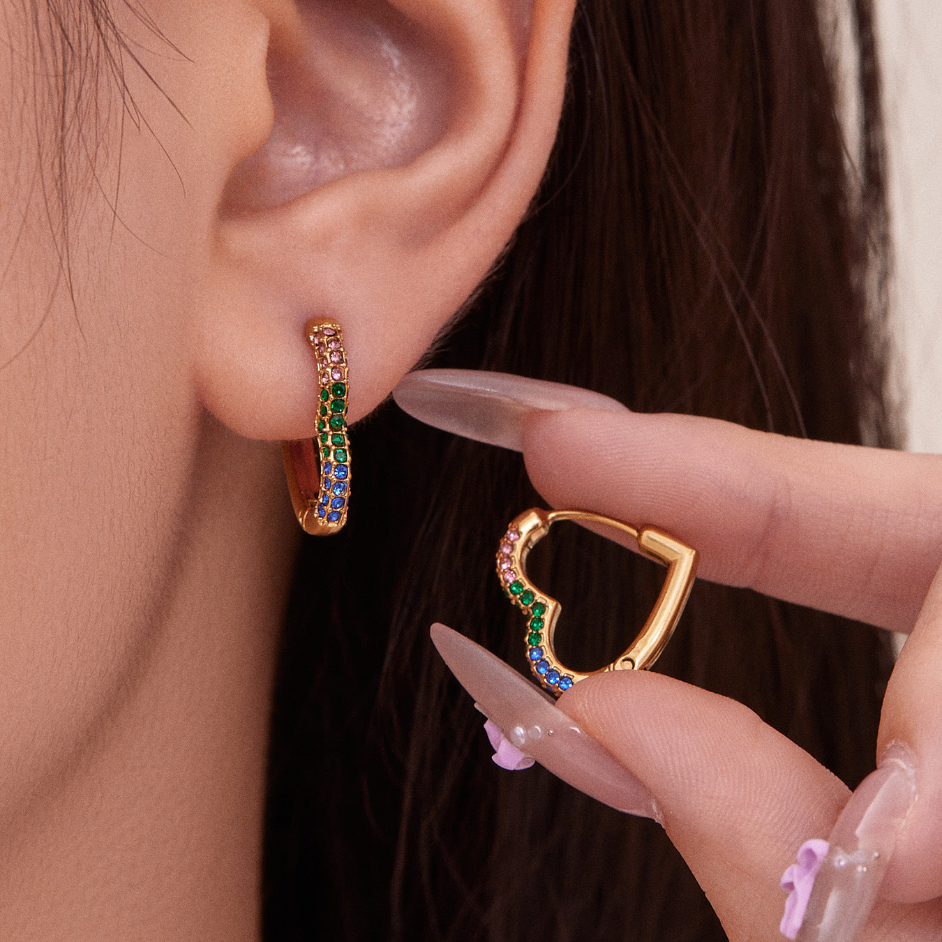 Colorful Cubic Zirconia Heart Hoop Earrings Set | Stainless Steel Simple Chic Ear Cuff for Women