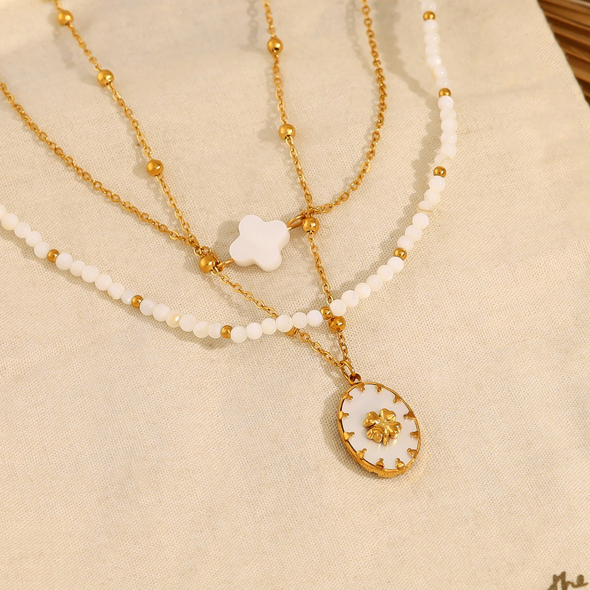 18K Gold Plated Titanium Steel Oval Flower Pendant Double Layer Beaded Necklace | Elegant Fashion Jewelry Set