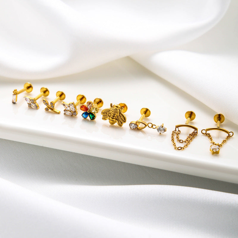 G23/F136 Titanium CZ Chain Tassel Cartilage Stud – Internally Threaded Flat-Back Piercing Jewelry
