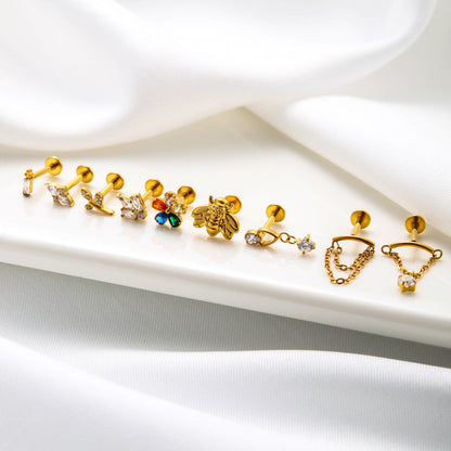 G23/F136 Titanium CZ Chain Tassel Cartilage Stud – Internally Threaded Flat-Back Piercing Jewelry