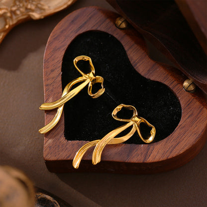 Stainless Steel Ribbon Bow Stud Earrings – Minimalist Chic Fashion Jewelry | WANTI
