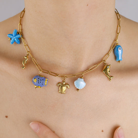 18K Gold Plated Titanium Steel Ocean Pendant Necklace | Seahorse, Starfish, Shell, Turtle, Fish & Dolphin Designs