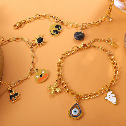 Gold-Plated Stainless Steel Halloween / Christmas Heart & Tree Tassel Pendant Bracelet | Elegant Festive Jewelry