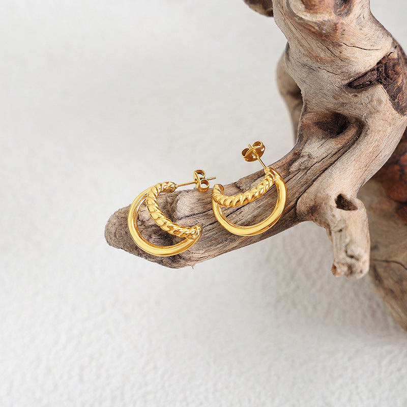 Double Layer C-Shaped Stainless Steel Hoop Earrings – Minimalist Thick Chunky Huggie Hoops for Women, Trendy Daily Jewelry