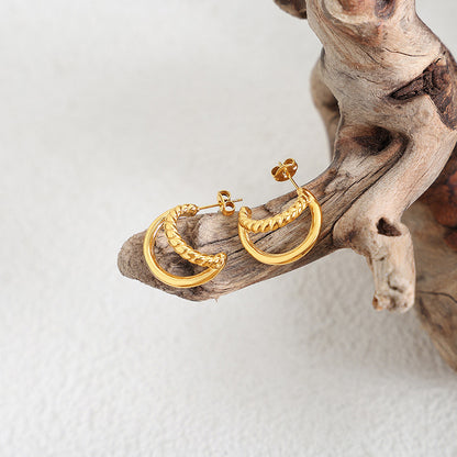 Double Layer C-Shaped Stainless Steel Hoop Earrings – Minimalist Thick Chunky Huggie Hoops for Women, Trendy Daily Jewelry