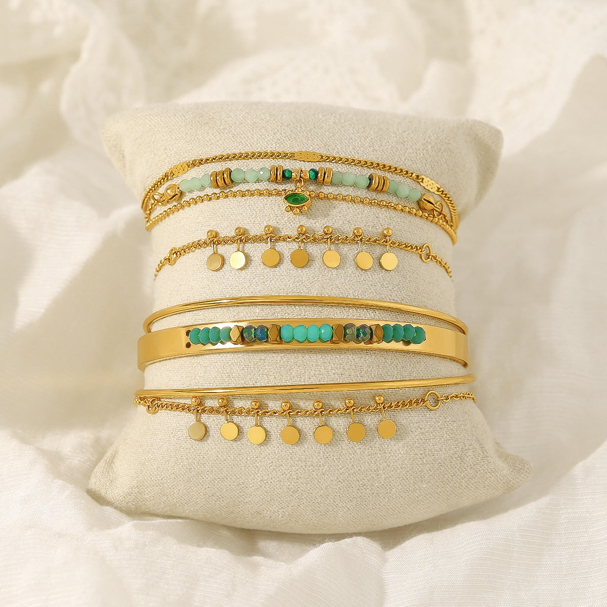 18K Gold Plated Stainless Steel Bohemian Natural Stone Beaded Evil Eye Bracelet | Layered Crystal Charm Bracelet Jewelry