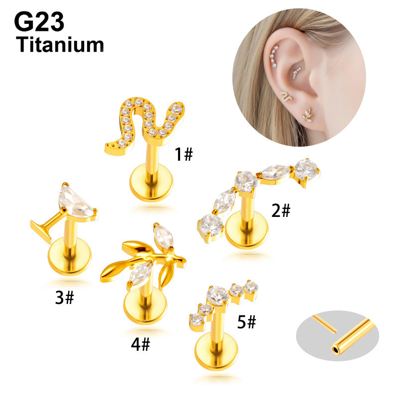 Implant Grade G23 Titanium Labret Stud – Snake Leaf CZ Flat Back Ear & Lip Piercing ASTM F136 Jewelry