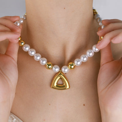 Vintage Pearl Beaded Hollow Triangle Pendant Necklace | 18K Gold & Silver Stainless Steel Elegant Jewelry for Women