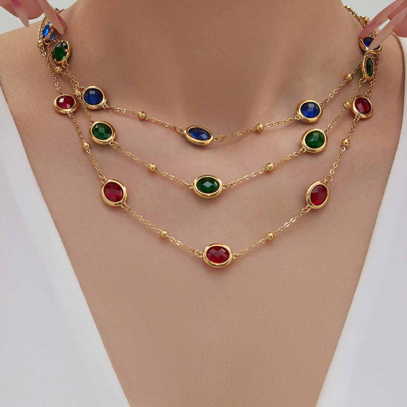 Candy Color Oval Glass Stone Necklace, Bracelet & Earrings Set – Stainless Steel | Fashion Jewelry | Colorful Minimalist Accessories