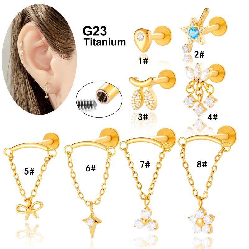 F136 Titanium Zirconia Chain Pendant Stud – Internally Threaded Flat-Back Cartilage Piercing Jewelry