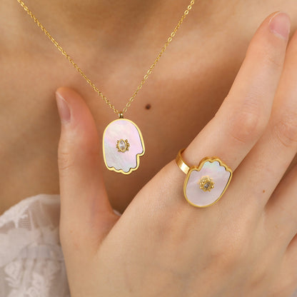 18K Gold Plated Stainless Steel Evil Eye Bracelet & Ring Set – Shell and Crystal Inlay | Fashion Protection Jewelry