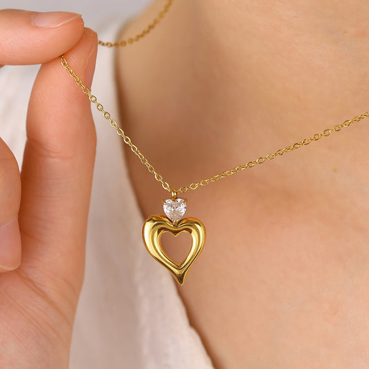 18K Gold Plated Stainless Steel Heart Zircon Pendant Necklace – Fashion Jewelry Gift for Women