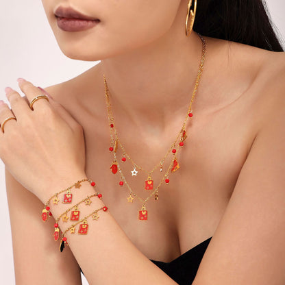Gold Stainless Steel Garnet Christmas Necklace & Bracelet | Festive Gift Jewelry Set for Women
