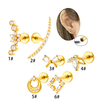 Implant Grade G23 Titanium Cartilage Stud Geometric CZ | Internal Thread 16G Helix Tragus Flat Back Earring