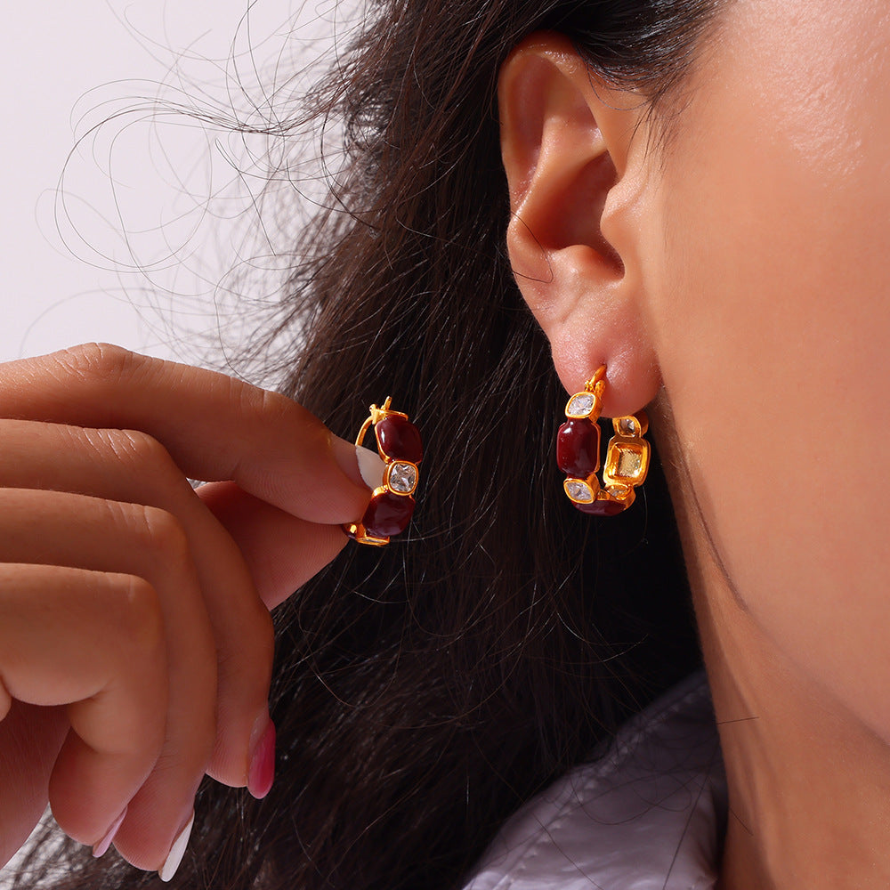 Vintage Weight Enamel Zircon Stud Earrings Set - Gold Stainless Steel Retro Jewelry