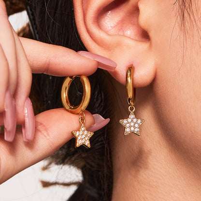 Gold Stainless Steel Five-Pointed Star Zirconia Hoop Earrings Set | Layered Star Earrings | High-Shine Statement Jewelry for Women