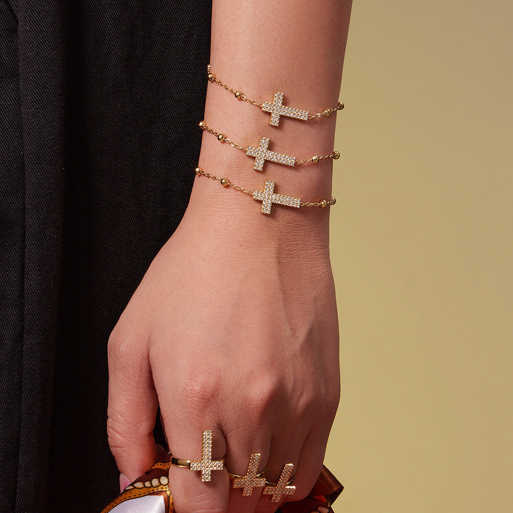 Gold Stainless Steel Cross Zirconia Necklace, Bracelet, Earrings & Ring | Minimalist Cross Jewelry Set