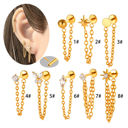 Implant Grade G23 ASTM F136 Titanium Geometric Tassel Chain Ear Stud | Push Pin Flat Back 16G Cartilage Jewelry