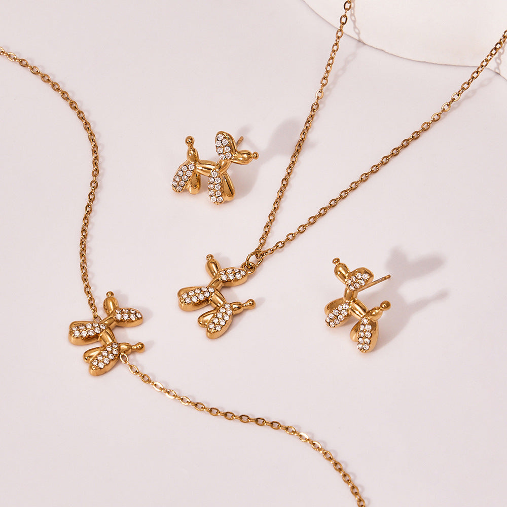 Cute Dog Zircon Jewelry Set – Stainless Steel Necklace Bracelet Earrings | Fashion Accessories Gift Set