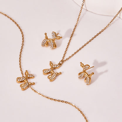 Cute Dog Zircon Jewelry Set – Stainless Steel Necklace Bracelet Earrings | Fashion Accessories Gift Set