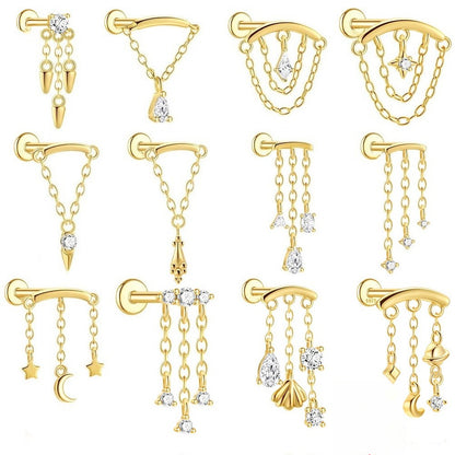 ASTM F136 Tassel Star  Moon Zircon Flat back threadless Cartilage Piercing Earring