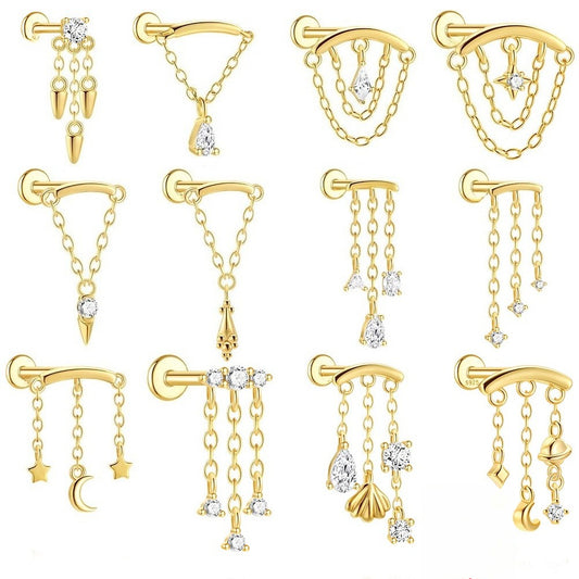 ASTM F136 Tassel Star  Moon Zircon Flat back threadless Cartilage Piercing Earring