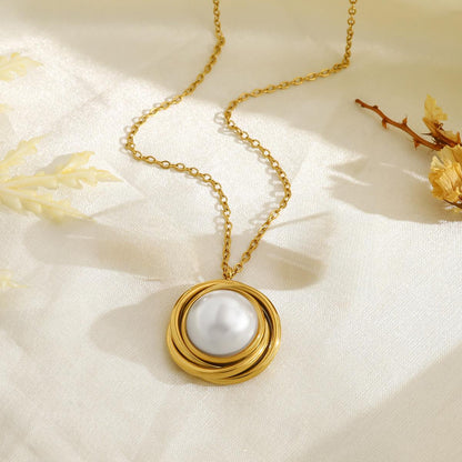 18K Gold Plated Titanium Steel Rose Flower Pearl Pendant Necklace - Fashion Luxurious Chain Jewelry