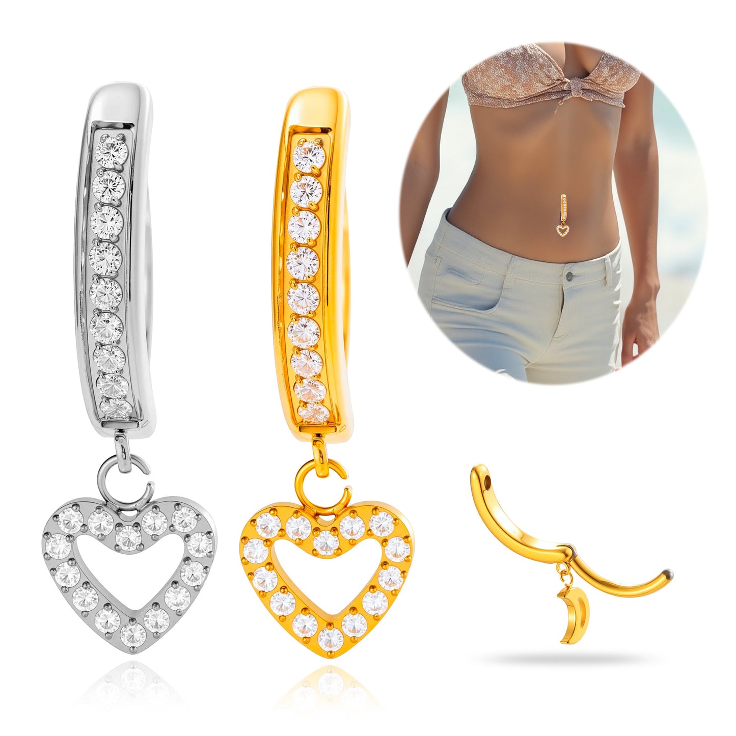 G23/F136 Titanium Hollow Heart Belly Button Ring with Zircon Pendant | Navel Piercing Jewelry