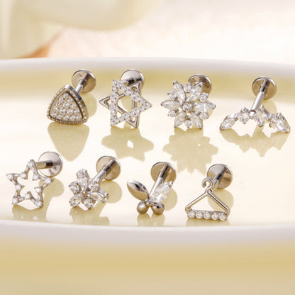 F136 Titanium Zircon Piercing Jewelry – Geometric & Nature-Inspired Internally Threaded Lip & Cartilage Studs