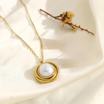 18K Gold Plated Titanium Steel Rose Flower Pearl Pendant Necklace - Fashion Luxurious Chain Jewelry