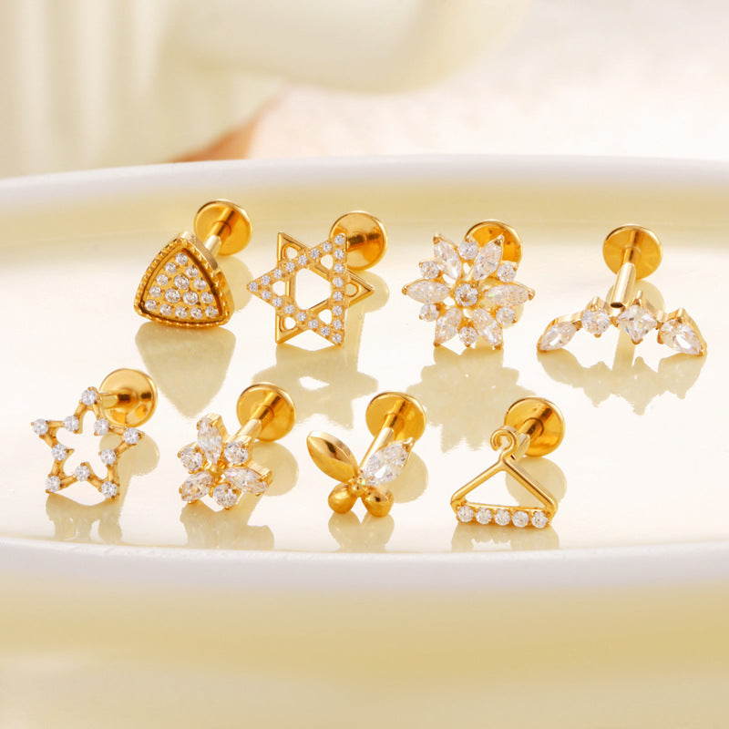 F136 Titanium Zircon Piercing Jewelry – Geometric & Nature-Inspired Internally Threaded Lip & Cartilage Studs