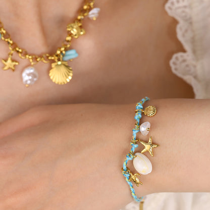18K Gold Plated Titanium Steel Bohemian Woven Cord Ocean Element Pendant Necklace & Bracelet Set
