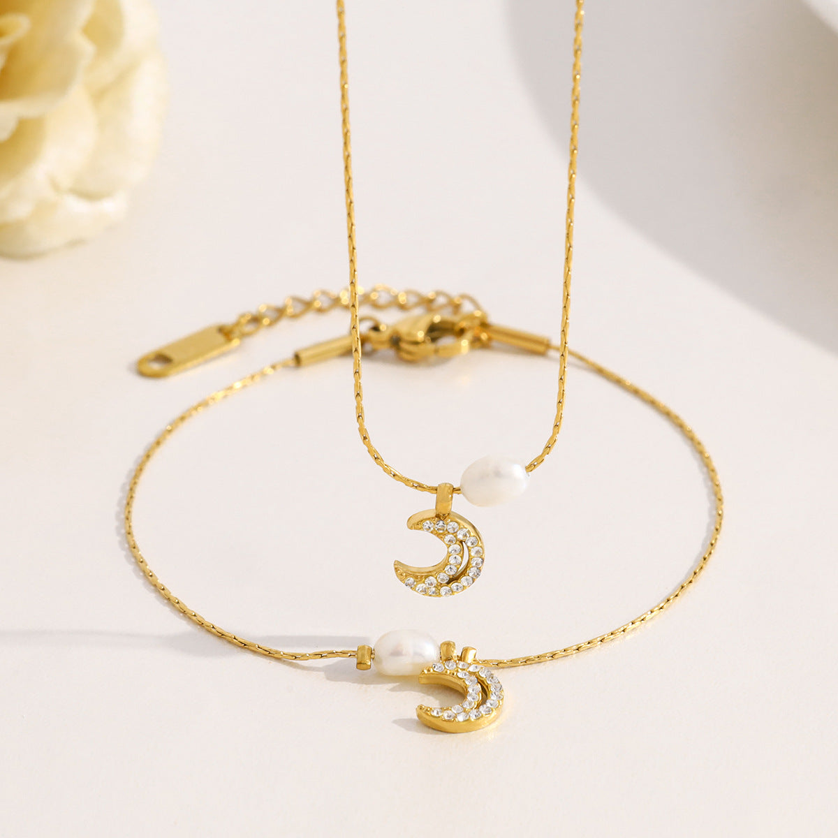 Elegant Freshwater Pearl & Moon Pendant Necklace & Bracelet Set