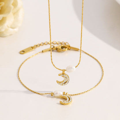 Elegant Freshwater Pearl & Moon Pendant Necklace & Bracelet Set